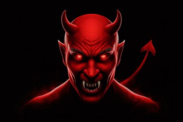 Scary red devil face with horns and a tail in the middle of a dark background.