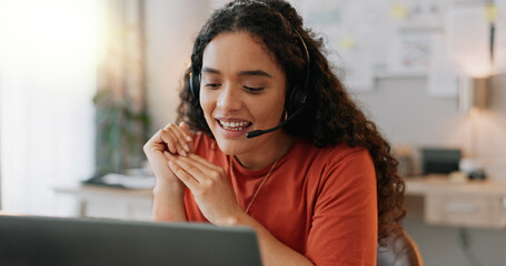 Woman, startup and laptop in home office for business, networking and clients with headphones or proposal. Entrepreneur, technology and video call in workplace for recruitment, meeting and interview