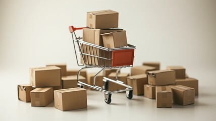 Stacks of Cardboard Boxes Around a Shopping Cart in Beige Setting