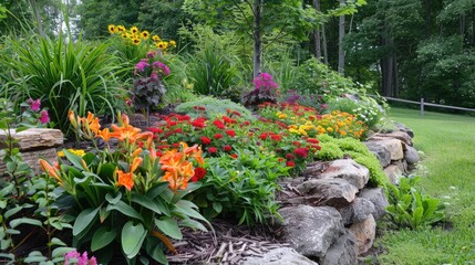 Landscape design featuring flowers evergreens and stones in a flowerbed