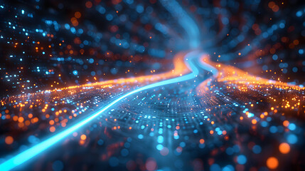 Digital data stream in deep blue, high speed data transfer with motion effect, cyber tech space.