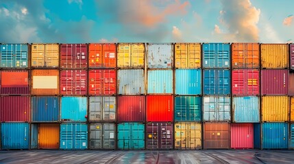 Fototapeta premium Harmonious Freight Containers in Geometric Patterns at Thriving Shipping Yard