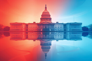 The U.S. Capitol building reflected in a water body, divided into red and blue hues, symbolizing political balance and contrast.