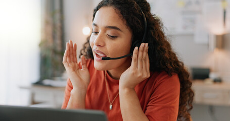 Woman, laptop and startup in home office for business, networking and clients with headphones or...