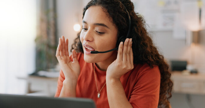 Woman, laptop and startup in home office for business, networking and clients with headphones or proposal. Entrepreneur, technology and video call in workplace for recruitment, interview and meeting