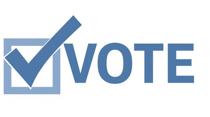 Blue checkmark in a blue box, with the word VOTE in blue letters