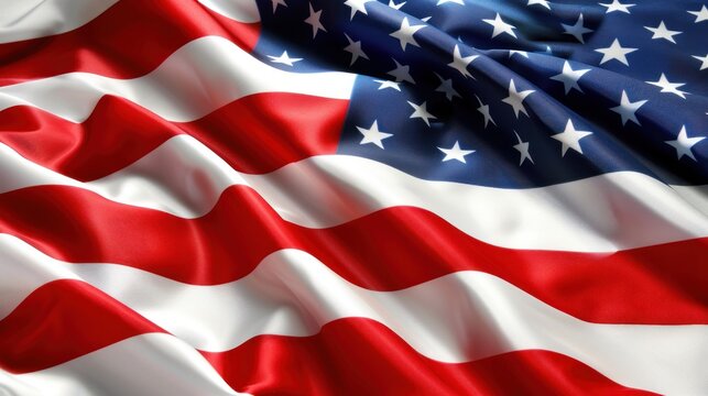 A close-up of the American flag billowing in the wind, showcasing its vibrant red, white, and blue colors