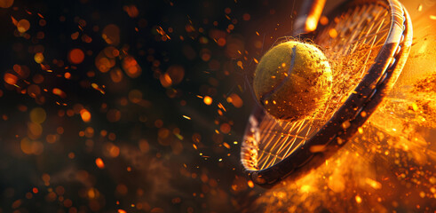 Tennis ball hitting a racket with sparks and dynamic motion.