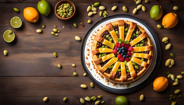 Baklava Cheesecake with pistachio and fruit, ramadan. wooden background top view

