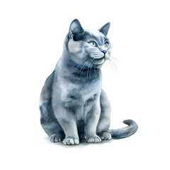 Watercolor illustration of Russian blue and British shorthair on white background.