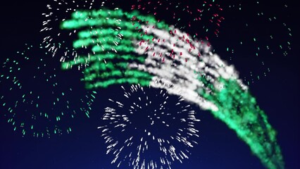 Animated holiday nigeria banner template. Fireworks nigerian flag on dark sky background. National holiday. Fireworks nigeria flag. Template, place for text, copy space. Animated greeting card