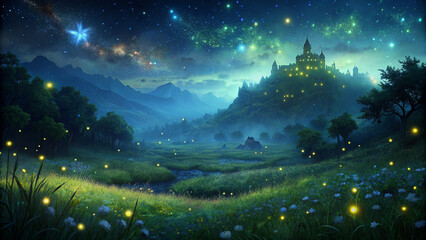 Enchanted Nighttime Castle Landscape with Luminous Fireflies and Starry Sky - A Fantasy Landscape Scene.