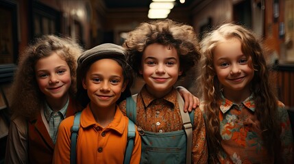 Fototapeta premium Smiling happy little children friends hugging at school