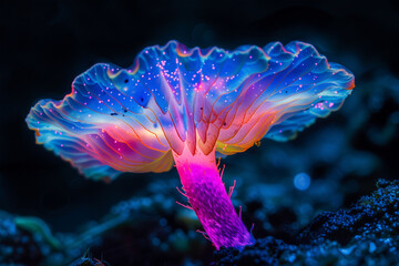 Vibrant neon mushroom glowing in a dark forest. Generative AI image