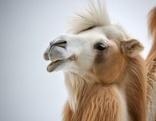 Obraz premium smiling camel with humps on its back and a tuft of hair on its tail, depicted in a comical manner over a white setting and space