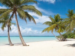 A view of a tropical beach with site palm and coconut.