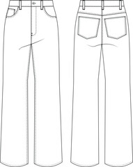high rise waist 5 pocket straight denim jean pant trouser template technical drawing flat sketch cad mockup fashion woman design style model  © sin