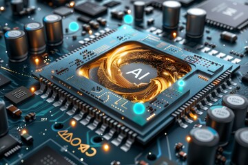 AI chip with gold accents on a futuristic circuit board, representing advanced technology and innovation in artificial intelligence