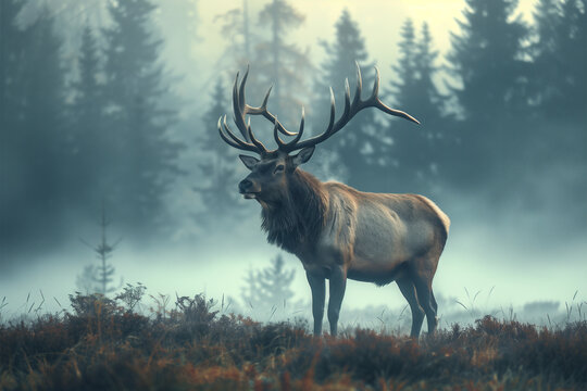 Majestic stag in a foggy forest at dawn. Generative AI image