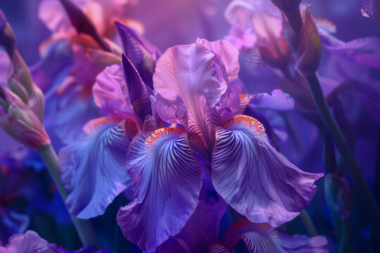 Colorful Iris flowers captured in dreamy twilight hues. Generative AI image