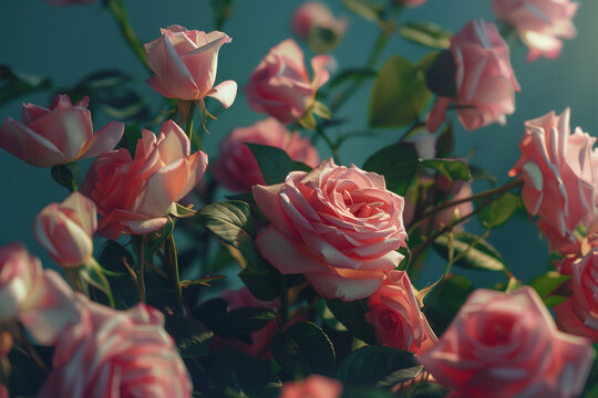 Illuminated pink roses in a serene garden setting. Generative AI image