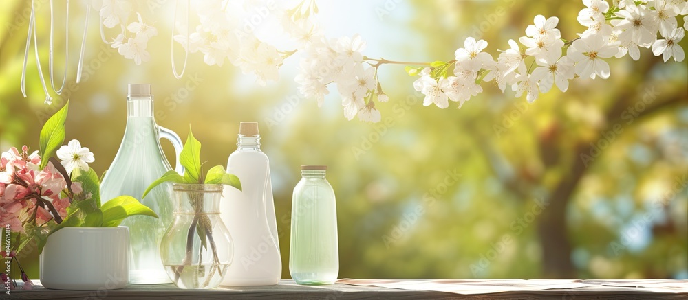 Poster spring cleaning concept with tools, bottles, accessories hanging on a clothesline adorned with sprin