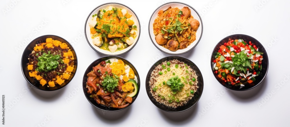 Aufkleber a collection of appetizing couscous dishes displayed on a white backdrop with copy space image.
