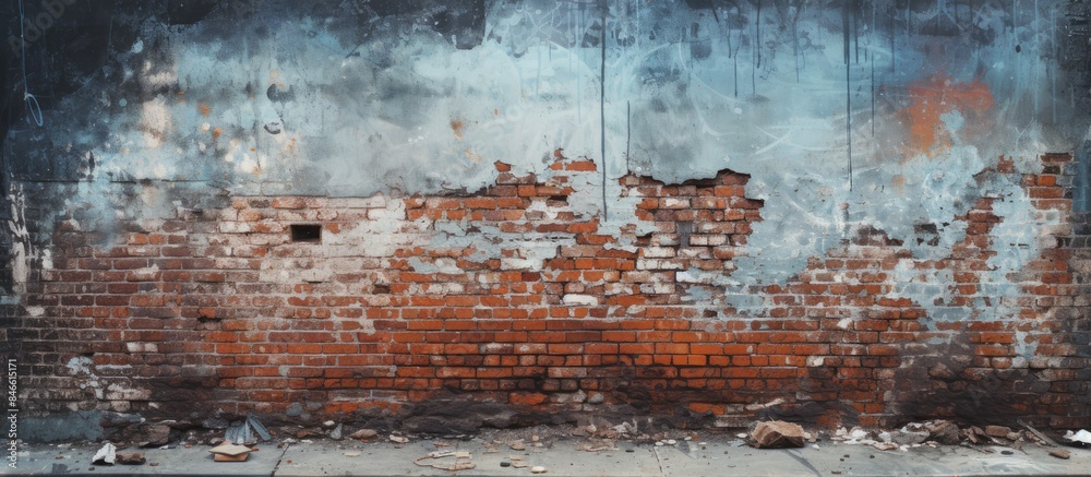 Poster gritty urban street art on a vintage distressed brick wall with graffiti elements, creating a grungy