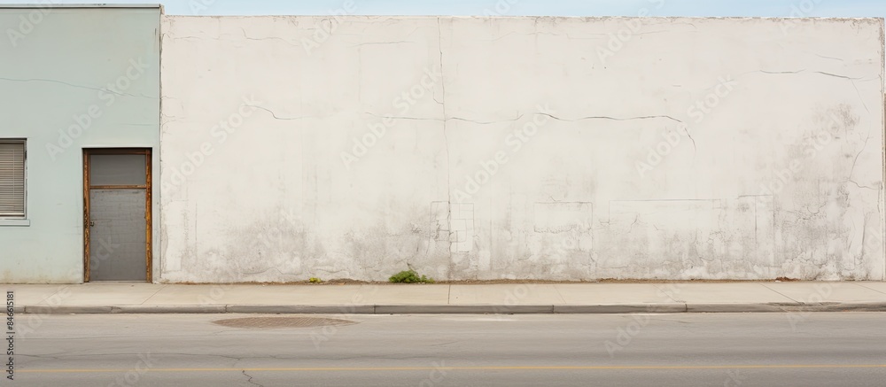 Aufkleber White building behind a weathered surrounding wall, with a sidewalk and asphalt road in front, providing a background for a copy space image.