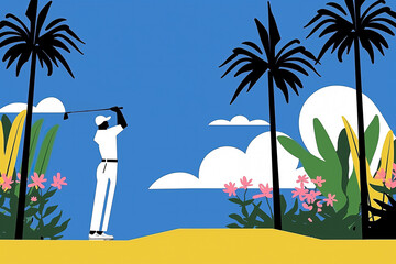 A Golfer Swings On A Tropical Course Under A Clear Blue Sky. Generative AI