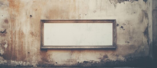 Vintage picture frame hanging on an aged grunge concrete wall background with a retro-style filtered copy space image incorporated.