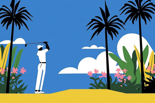 A Golfer Swings On A Tropical Course Under A Clear Blue Sky. Generative AI