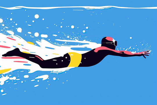 Swimmer Underwater With Yellow Swimsuit and Goggles in Blue Water. Generative AI