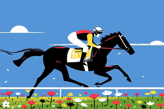 Jockey Riding Black Horse Over Fence With Colorful Flowers. Generative AI