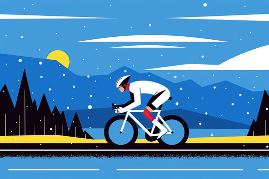 Cyclist Riding Through Snowy Mountain Pass at Sunset. Generative AI