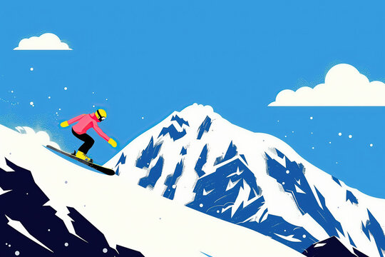 Snowboarder Descending a Snowy Mountain Slope. Generative AI