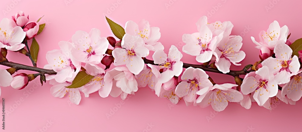 Poster Closeup view of a bouquet of almond blossoms on a pink background with space for text or image insertion. with copy space image. Place for adding text or design