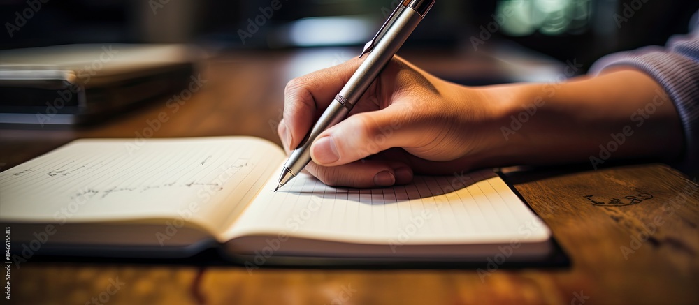 Poster A student's hand is seen writing in a notebook with ample copy space image.