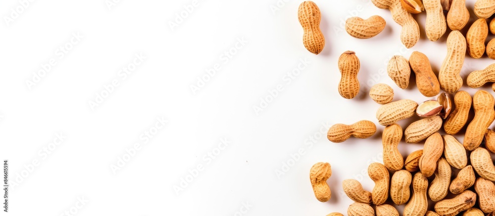 Leinwandbilder Top view of dried peanuts on a white background in a flat lay composition with copy space image.