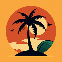 Coconut Tree Birds and Sun Vector illustration 