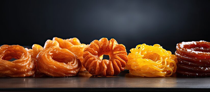 Varieties of traditional deep-fried sweets like Jalebi, Jilapi, zulbia, mushabak, or zalabia lined up for display in a copy space image.