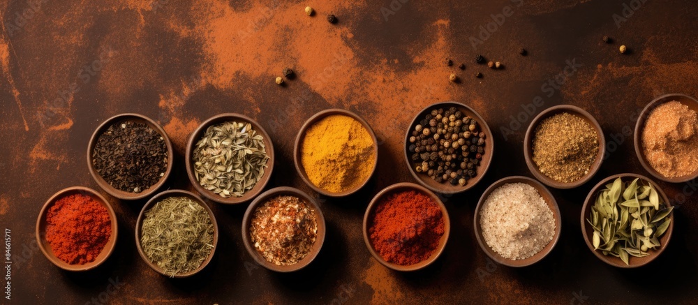 Poster Top-down view of various seasonings in cups on a spice background with copy space image.