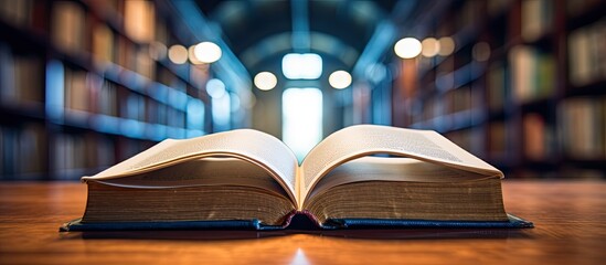 Open book in a library with a close-up view, featuring copy space image.
