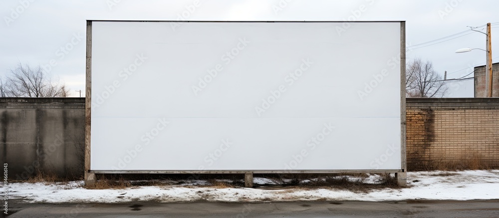 Aufkleber an urban setting features a white paper billboard or poster in a frame against a wall with copy spac