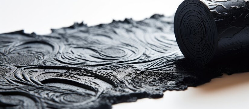 Close-up shot of damp dark lino ink residue with a textured black linocut roller on a white backdrop with copy space image.