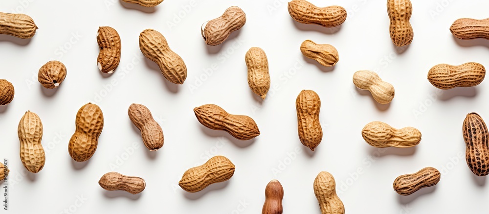 Aufkleber Top view of various peanut forms on a white backdrop with plenty of copy space image.