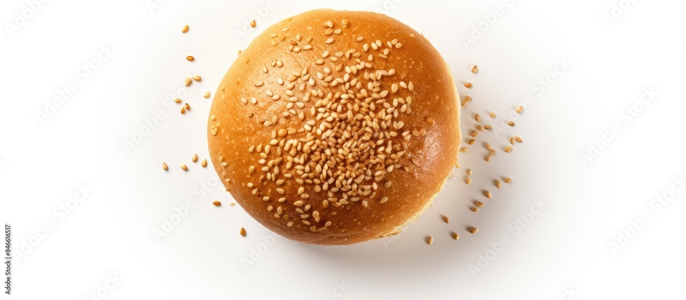 Poster a top view shot of a hamburger bread bun on a white background with a freshly baked, golden brown co