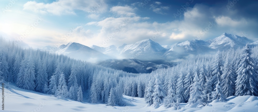 Poster winter mountain valley scene featuring snow-covered pines captured in soft light creates an amazing 