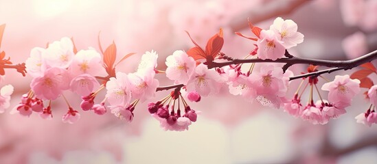 Spring Japanese cherry blossoms in full bloom with darker buds, creating a tranquil atmosphere in a blurred background for a dreamy effect in the copy space image.