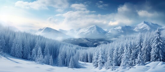 Obraz premium Winter mountain valley scene featuring snow-covered pines captured in soft light creates an amazing natural background with copy space image.